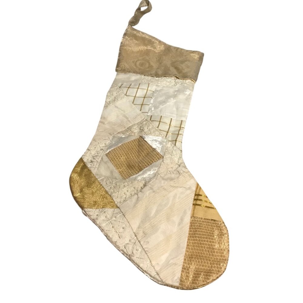 Elegant Patchwork Christmas Stocking Beige & Gold 19"